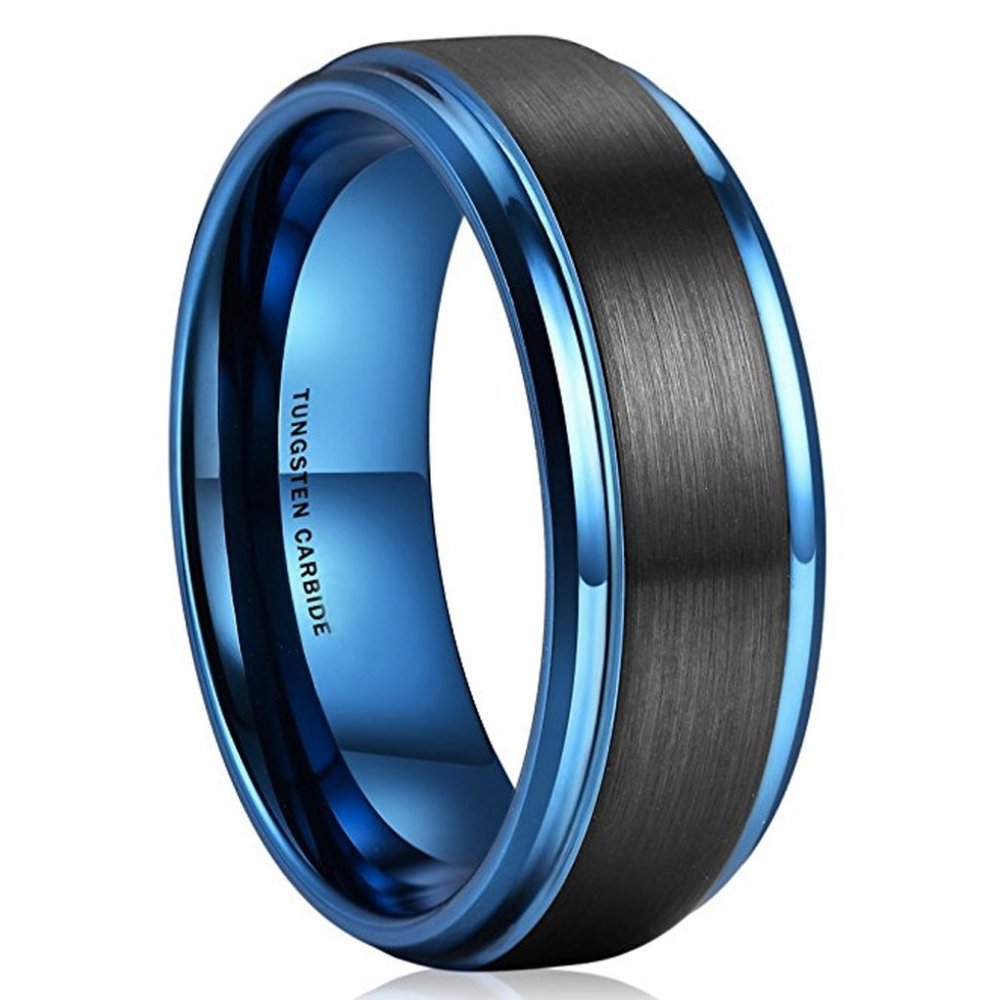 Mens Tungsten Wedding Band 8mm. Black & Blue Tungsten Ring w/ Inside High Polish